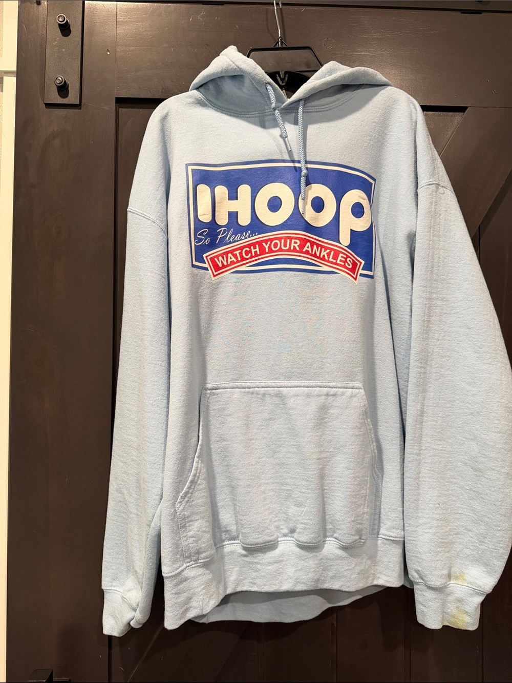 Light Blue IHOP Graphic Hoodie (see stain on left arm/wrist)